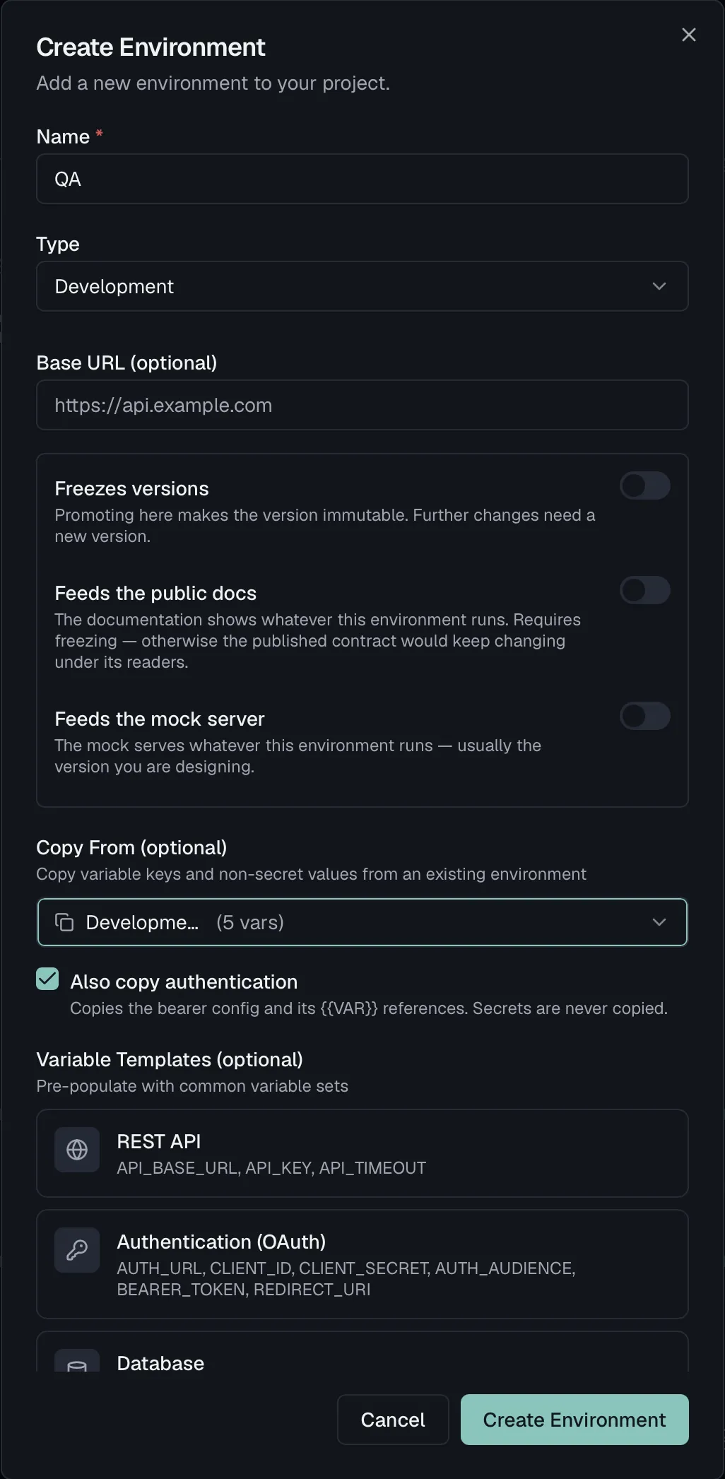The Create Environment dialog with the roles box, the copy-from selector with Also copy authentication, and the variable templates