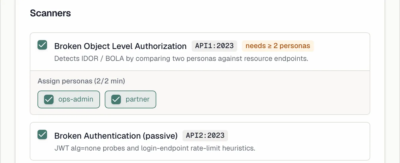 An enabled authorization scanner with its persona picker expanded and the assignment counter at 2 of 2