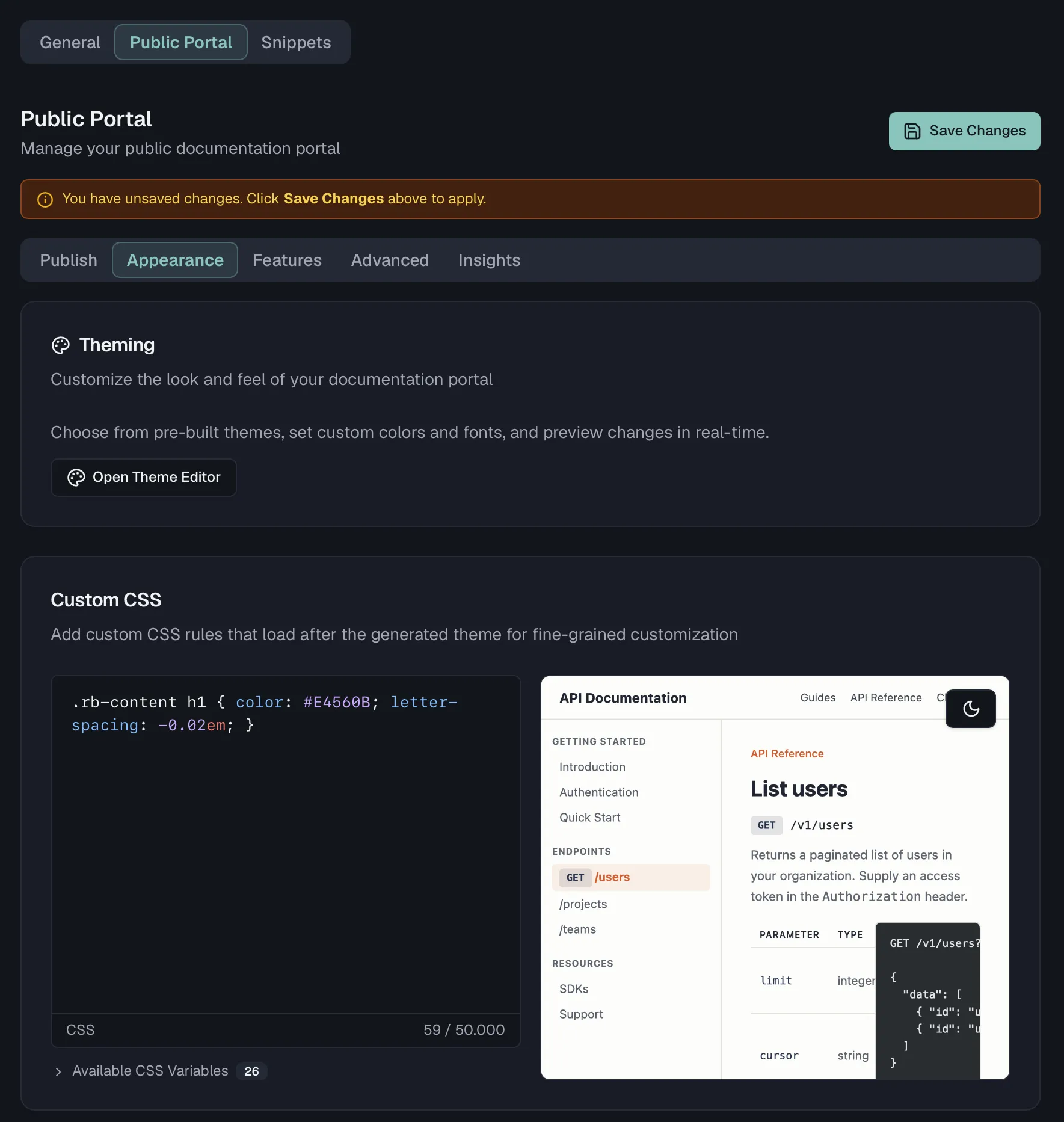 The Appearance tab with the theming card and the Custom CSS editor next to its live preview