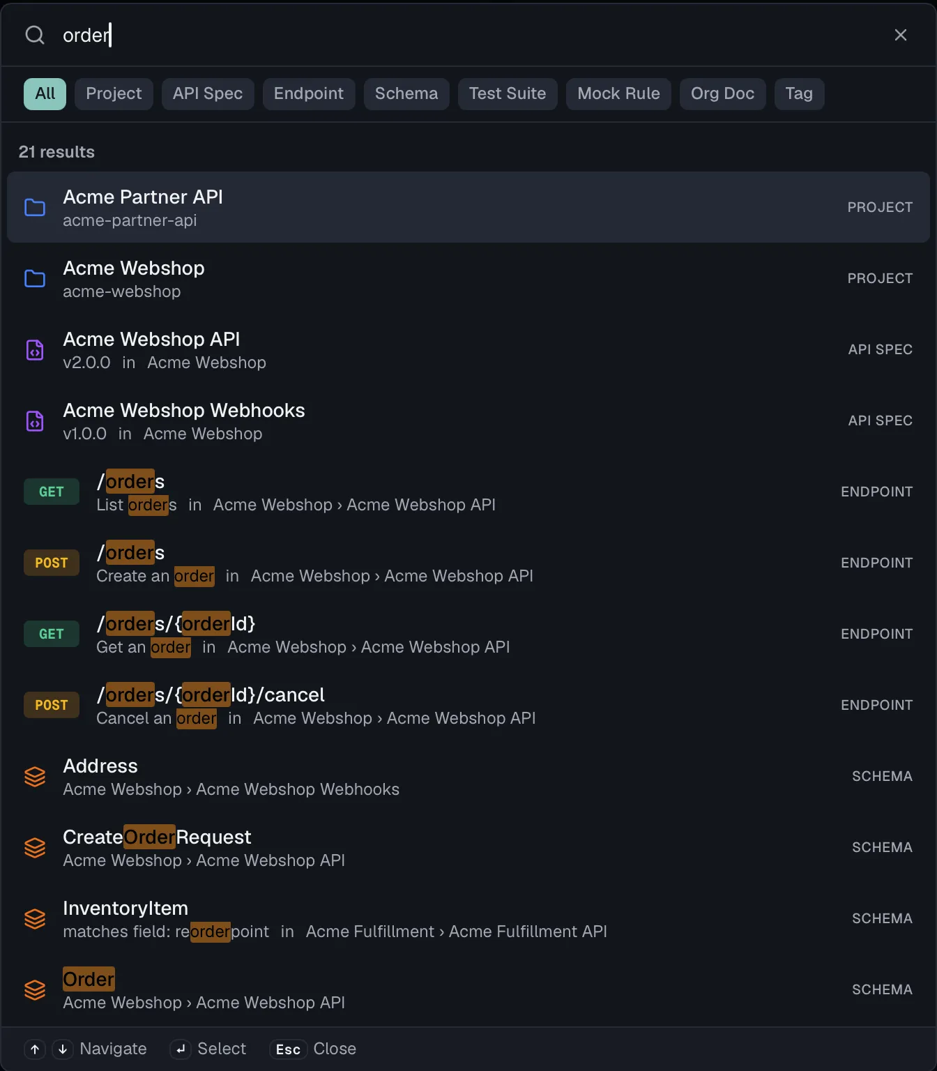 The global search palette with results and type filters