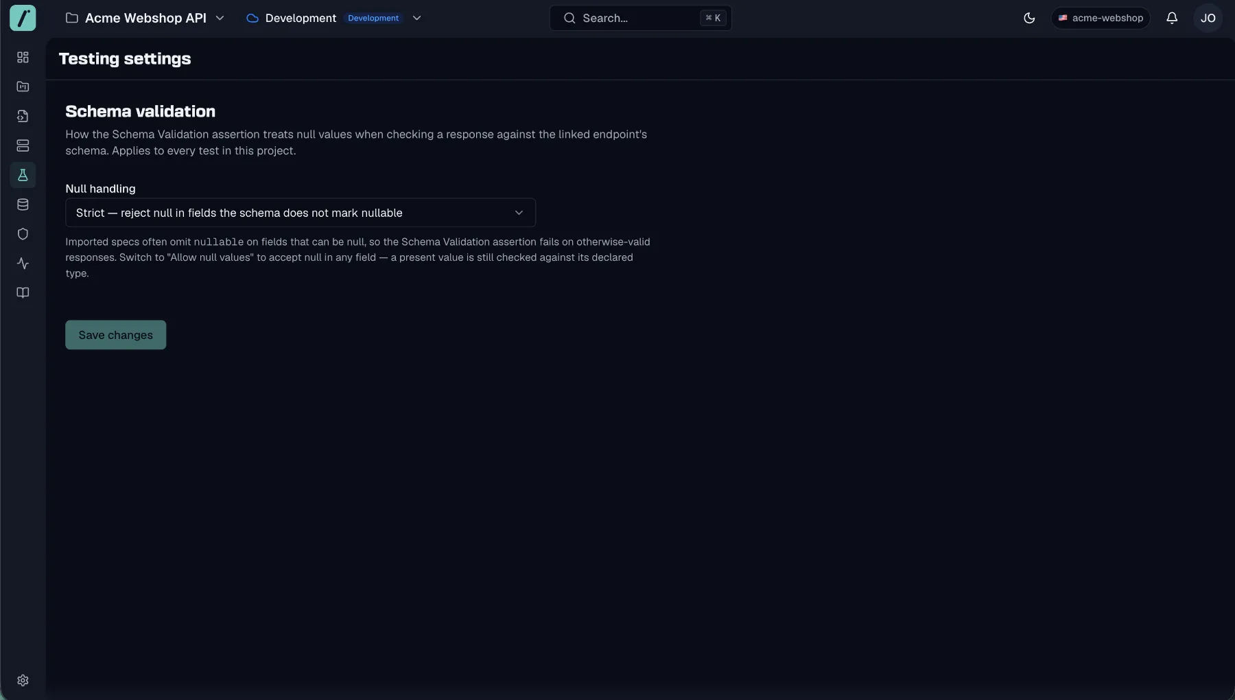 The Testing settings page with the Schema validation null-handling selector