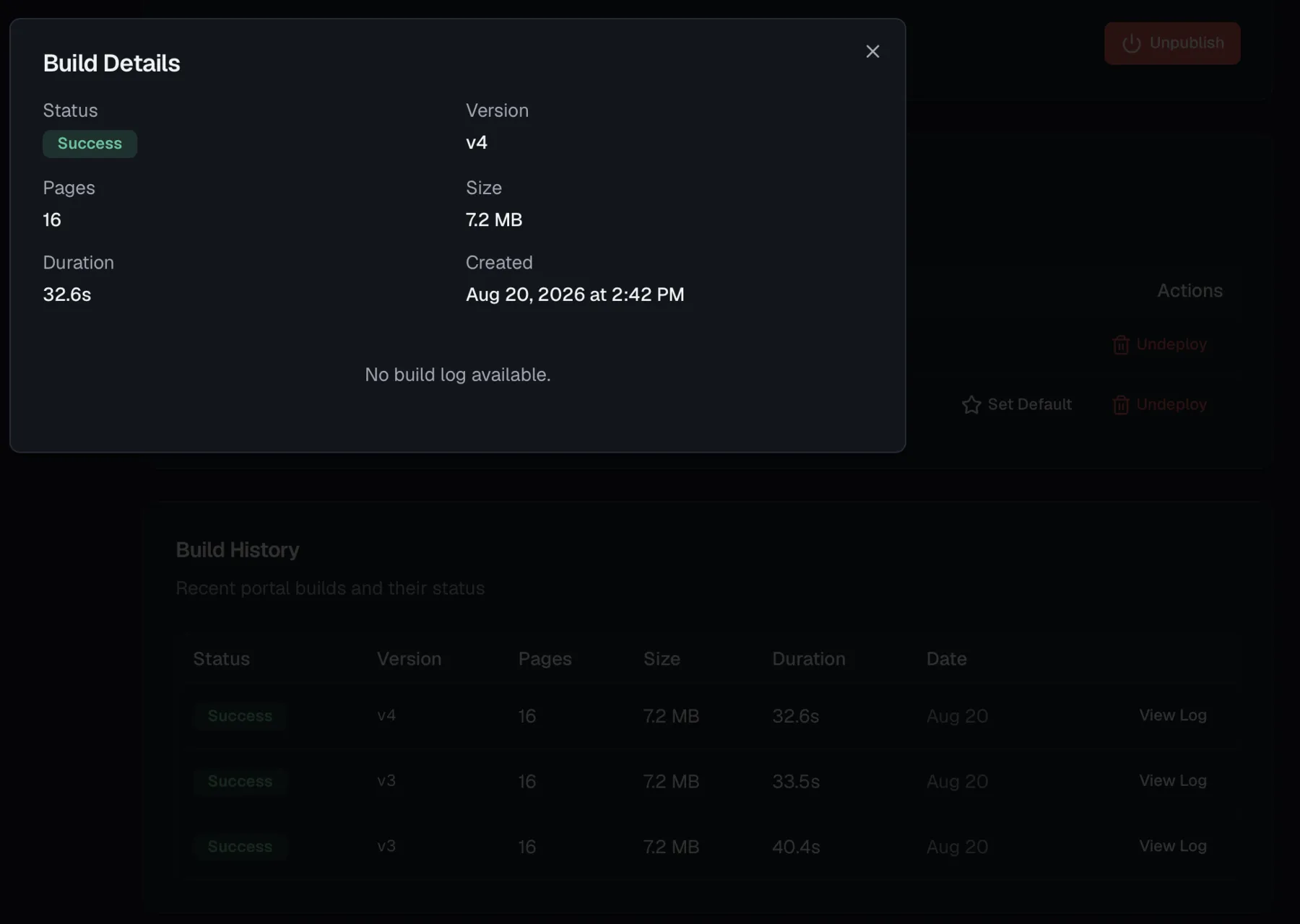Build history table with a build log dialog open