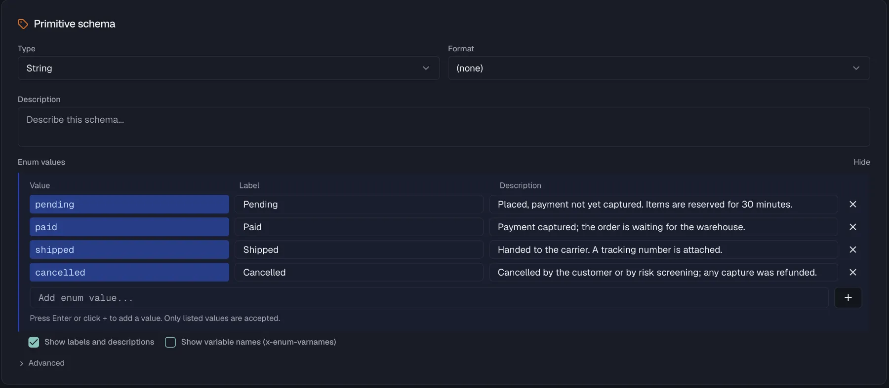 An enum schema with a display label and a description on every value