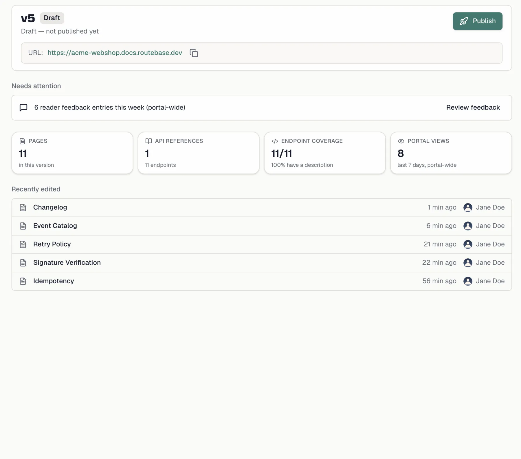 The version overview with its status header, the portal URL, a Needs attention entry, the four stat tiles and Recently edited