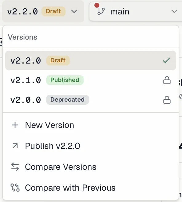 The version switcher in the header with a draft, a published and a deprecated version, lock icons on the frozen ones
