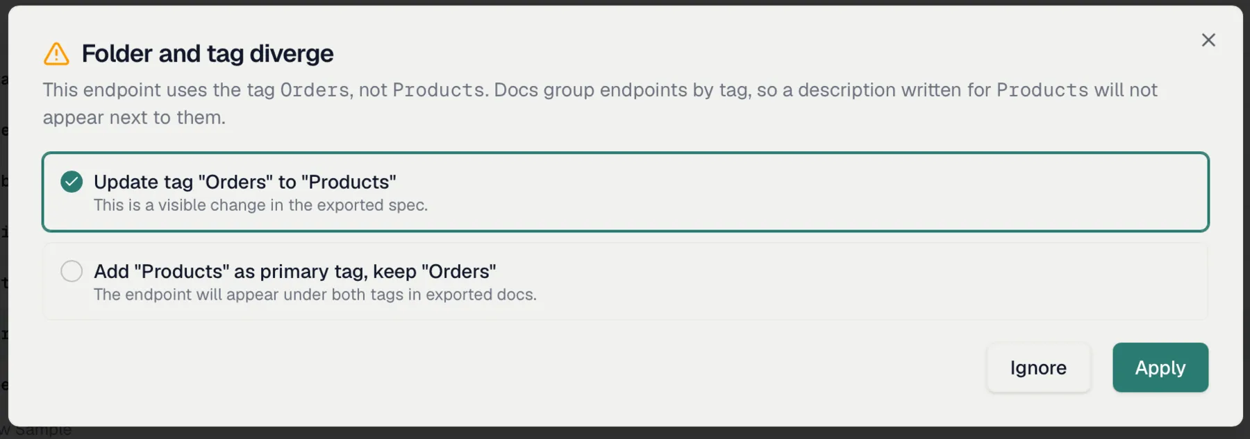 The folder-and-tag divergence dialog with its options and the contrasting consequences