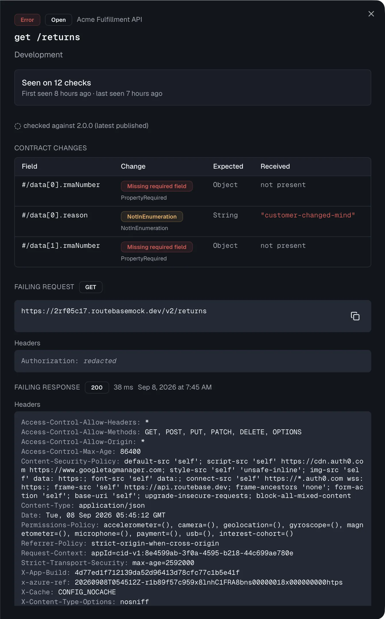The drift detail sheet with the contract-changes table and the expanded failing request and response