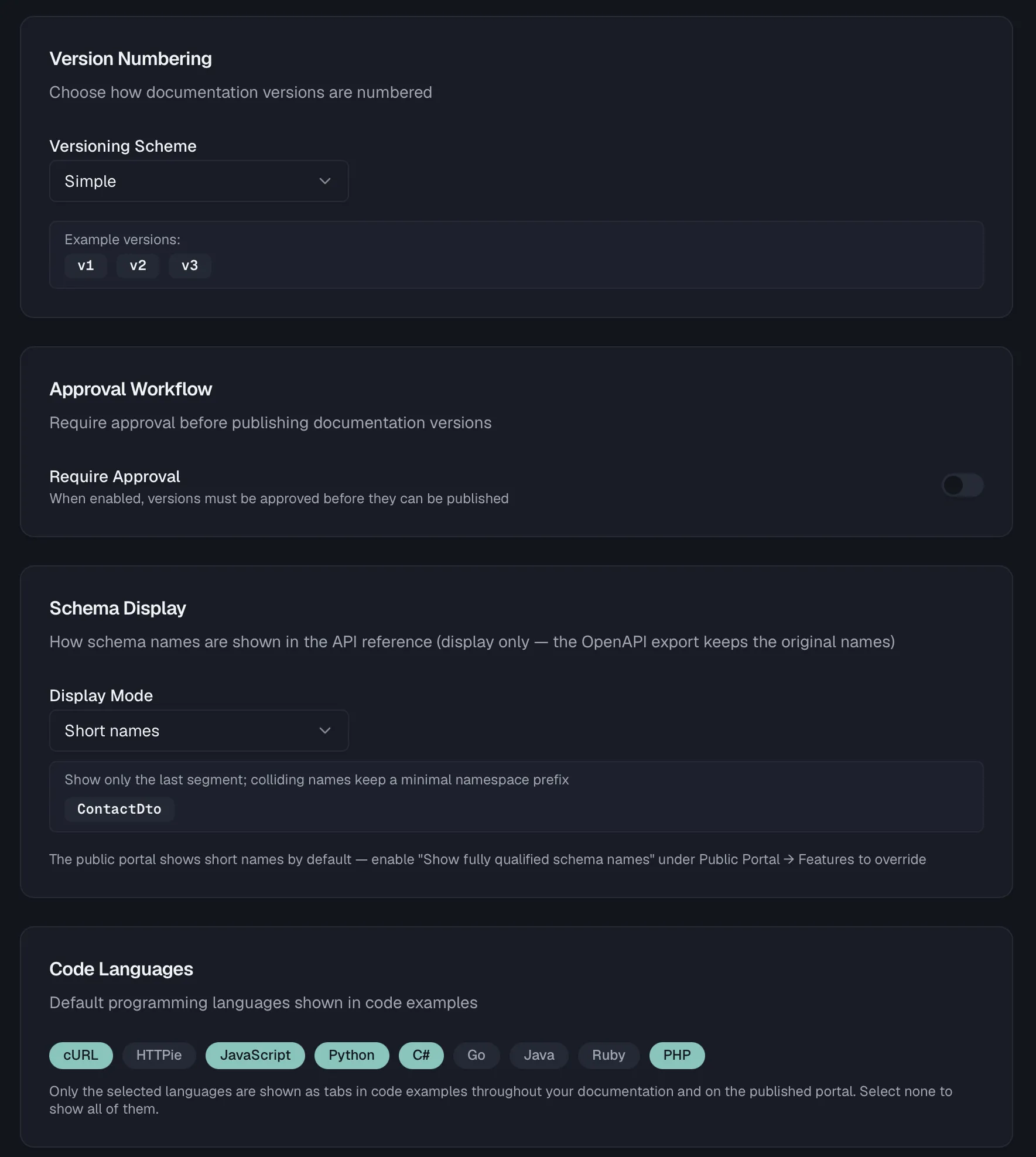 The General settings card with version numbering, the approval workflow, Schema Display and the Code Languages selection