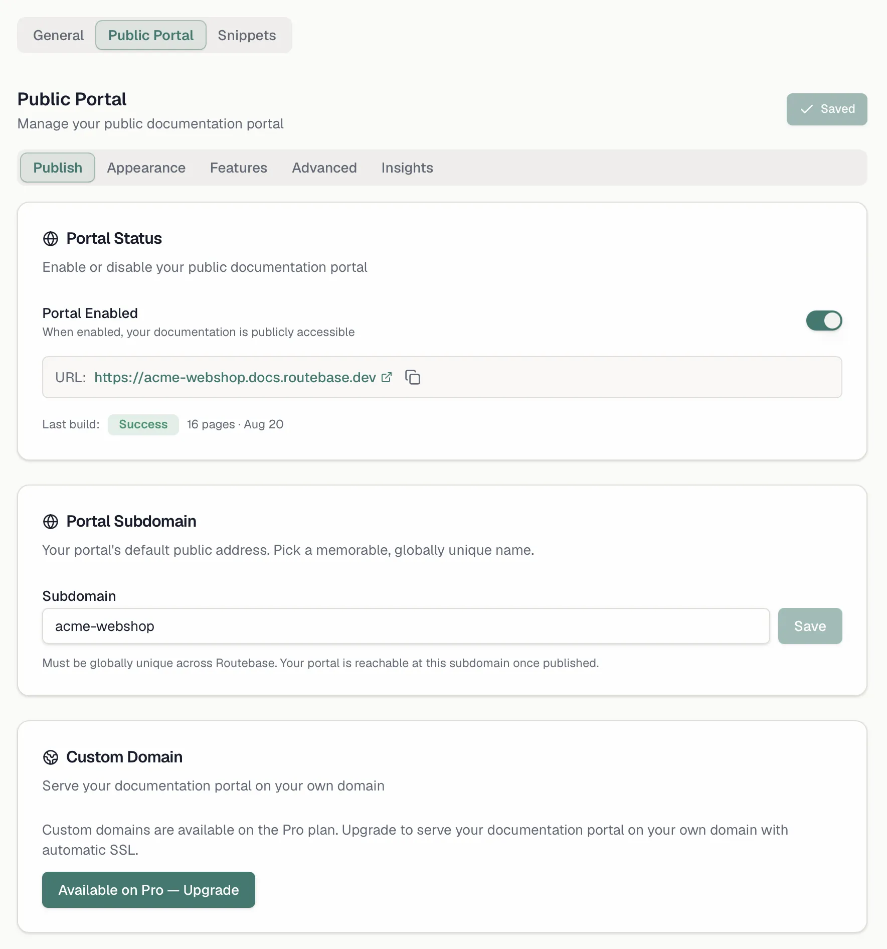 The Public Portal settings on the Publish tab with the portal status, the subdomain and the custom domain