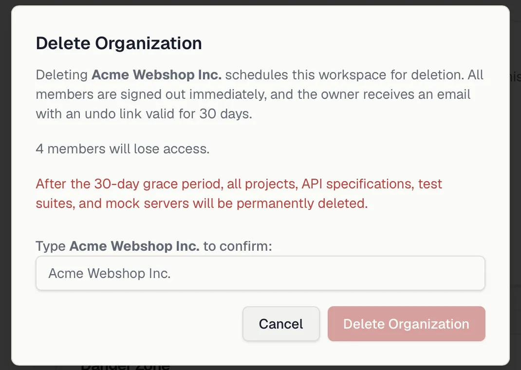 The Delete Organization dialog with the 30-day restore note, the member count and the empty name field