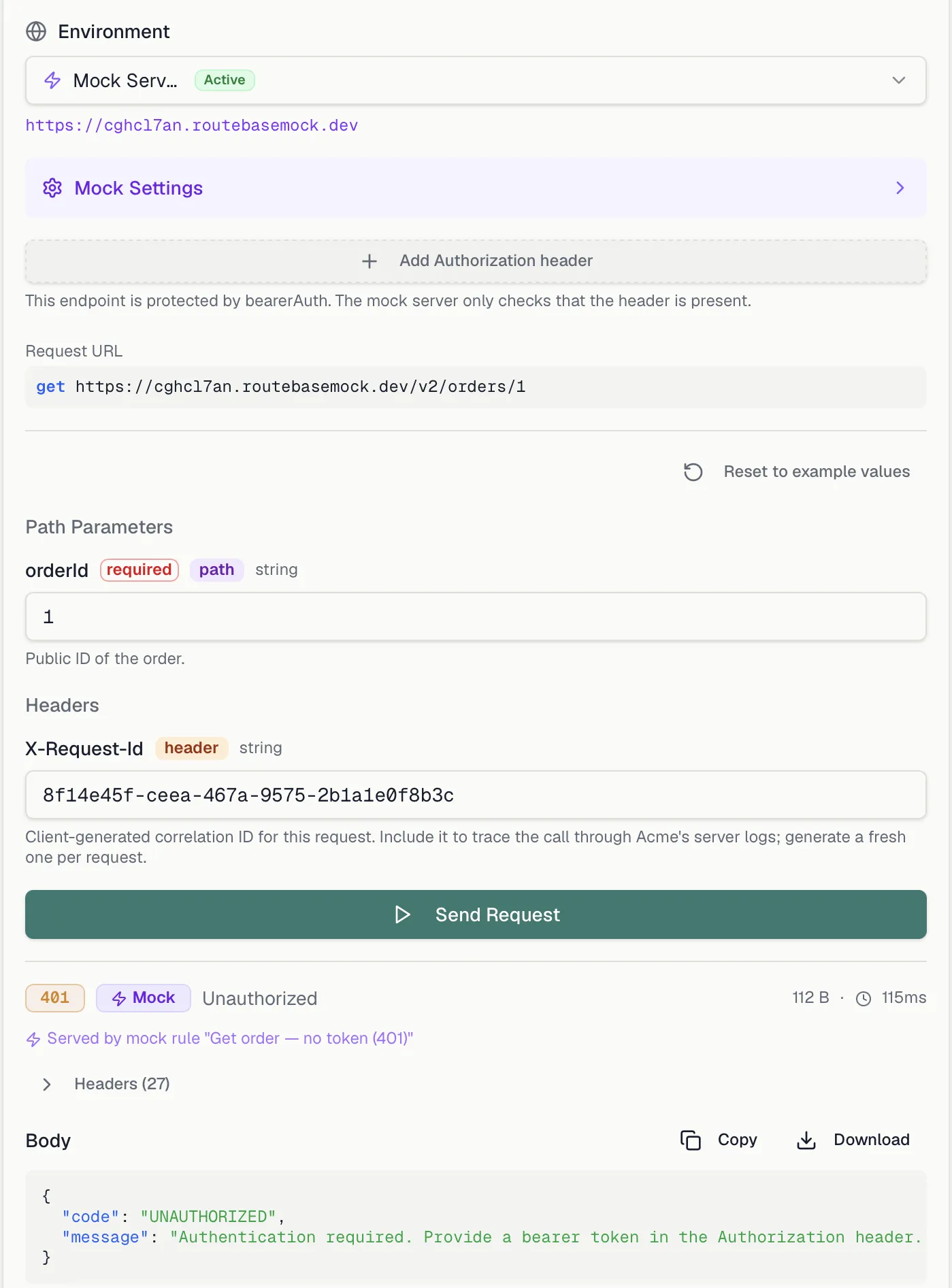 A Try It request against the mock server answering 401 Unauthorized, with the Add Authorization header button above it
