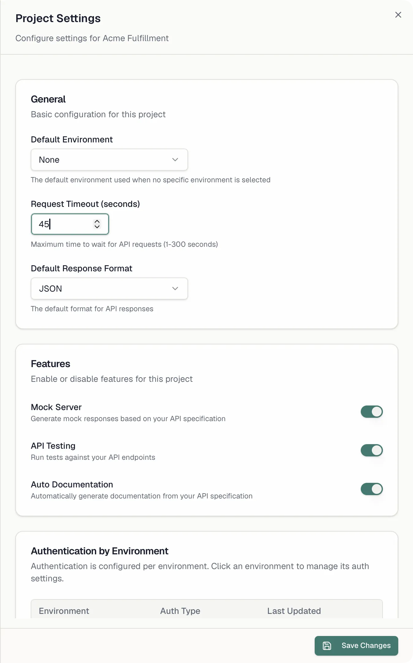 The Project Settings sheet showing General and Features sections with the Save changes footer