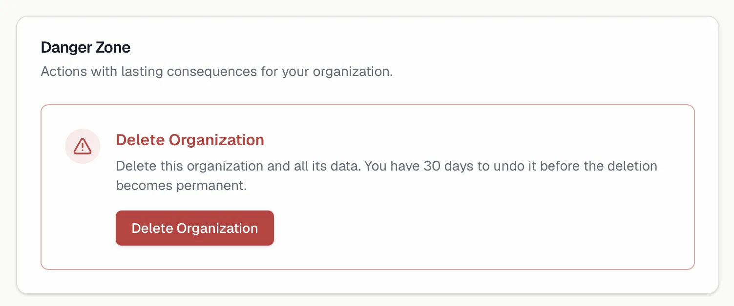 The danger zone with the Delete Organization action and its 30-day note