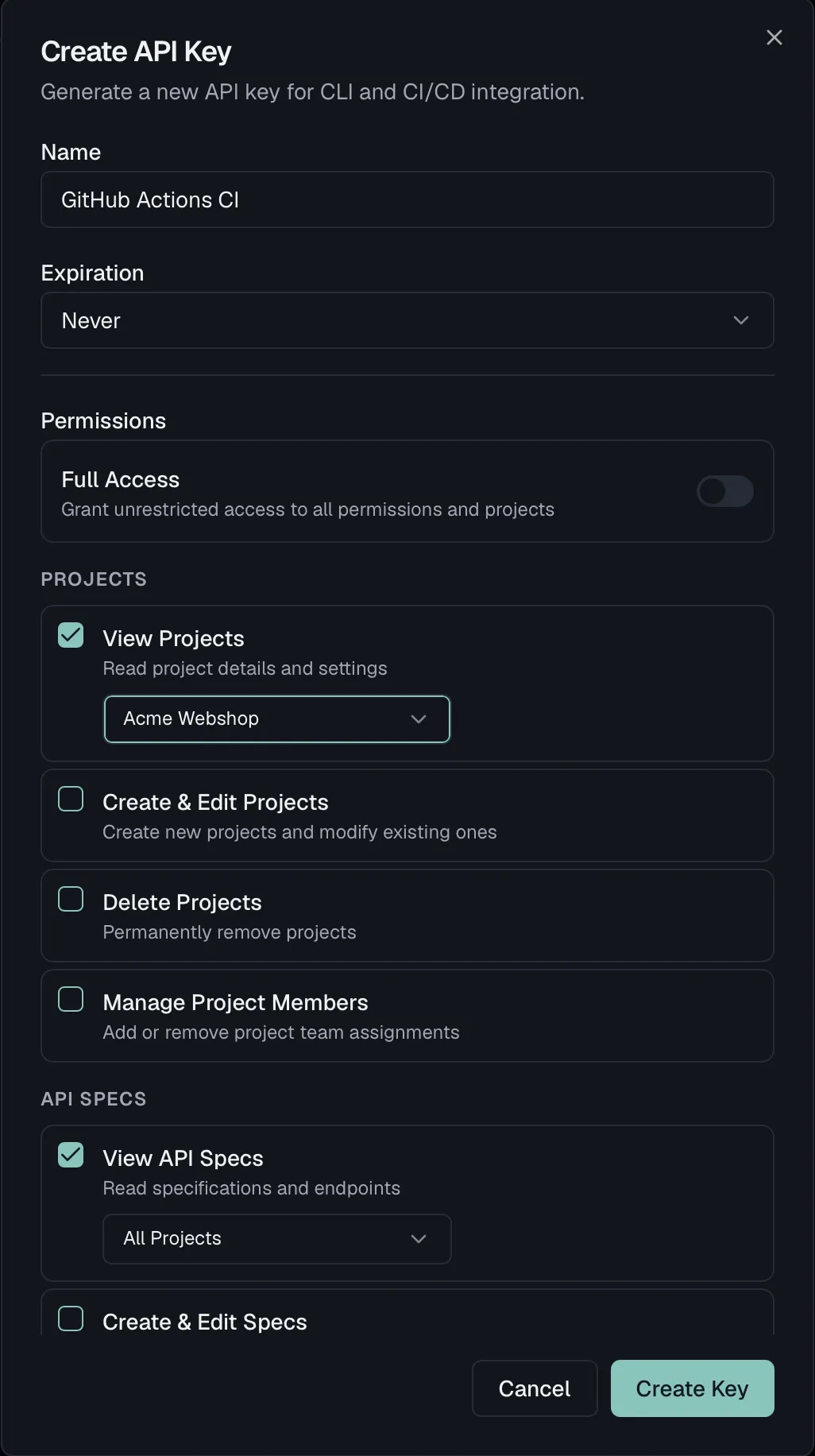 The scope editor with the Full Access switch off and per-permission project restriction