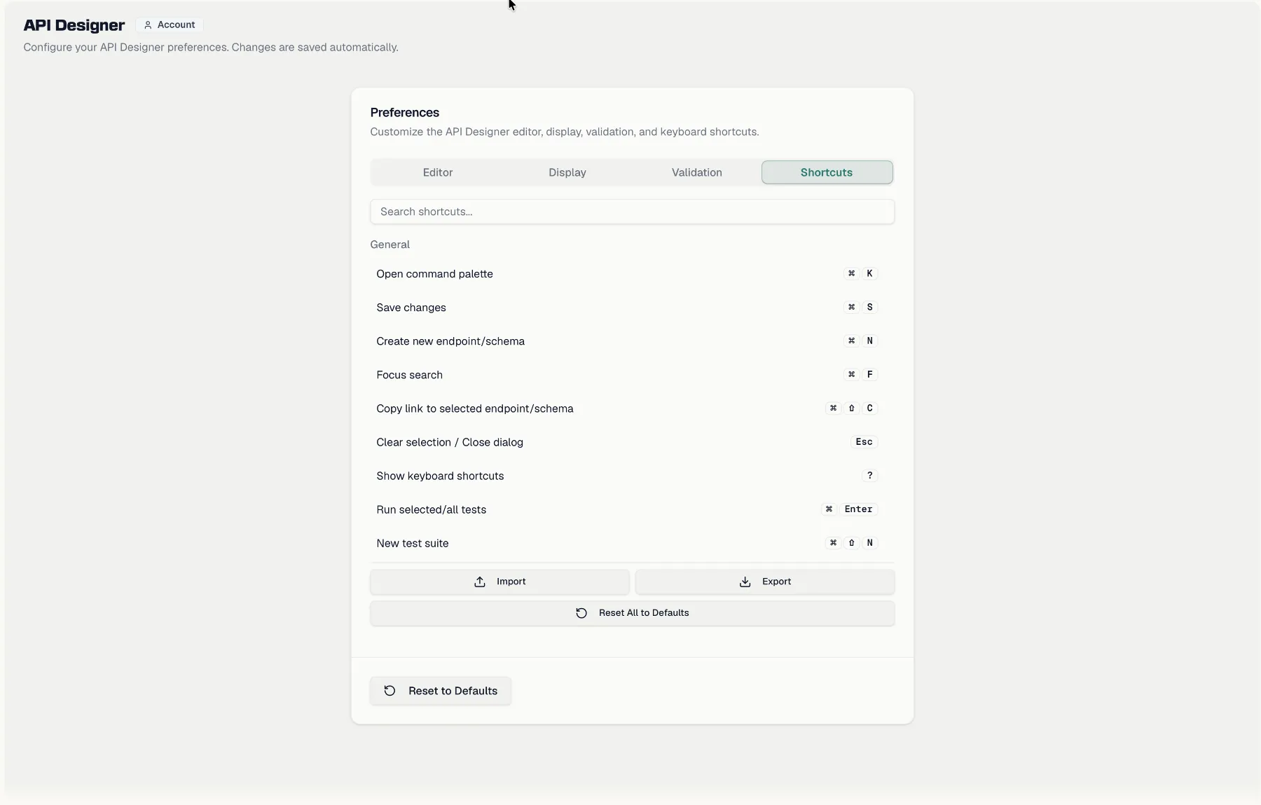 The API Designer preferences page with the Editor, Display, Validation and Shortcuts tabs