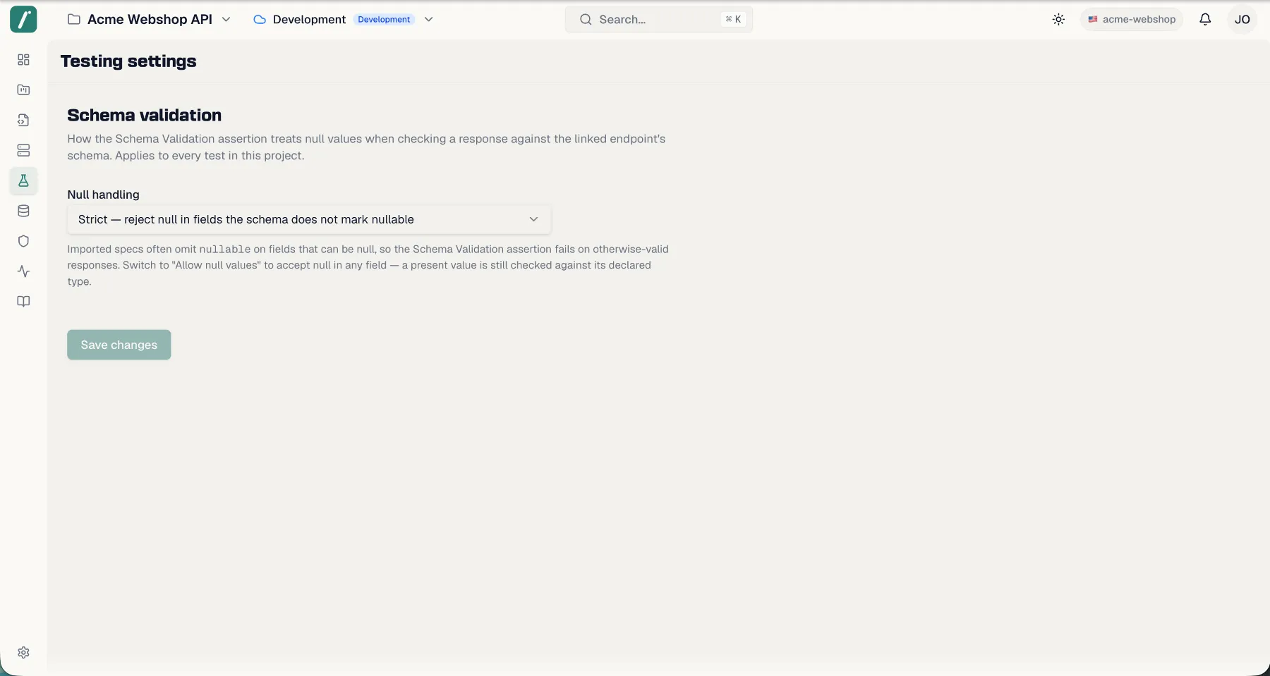 The Testing settings page with the Schema validation null-handling selector