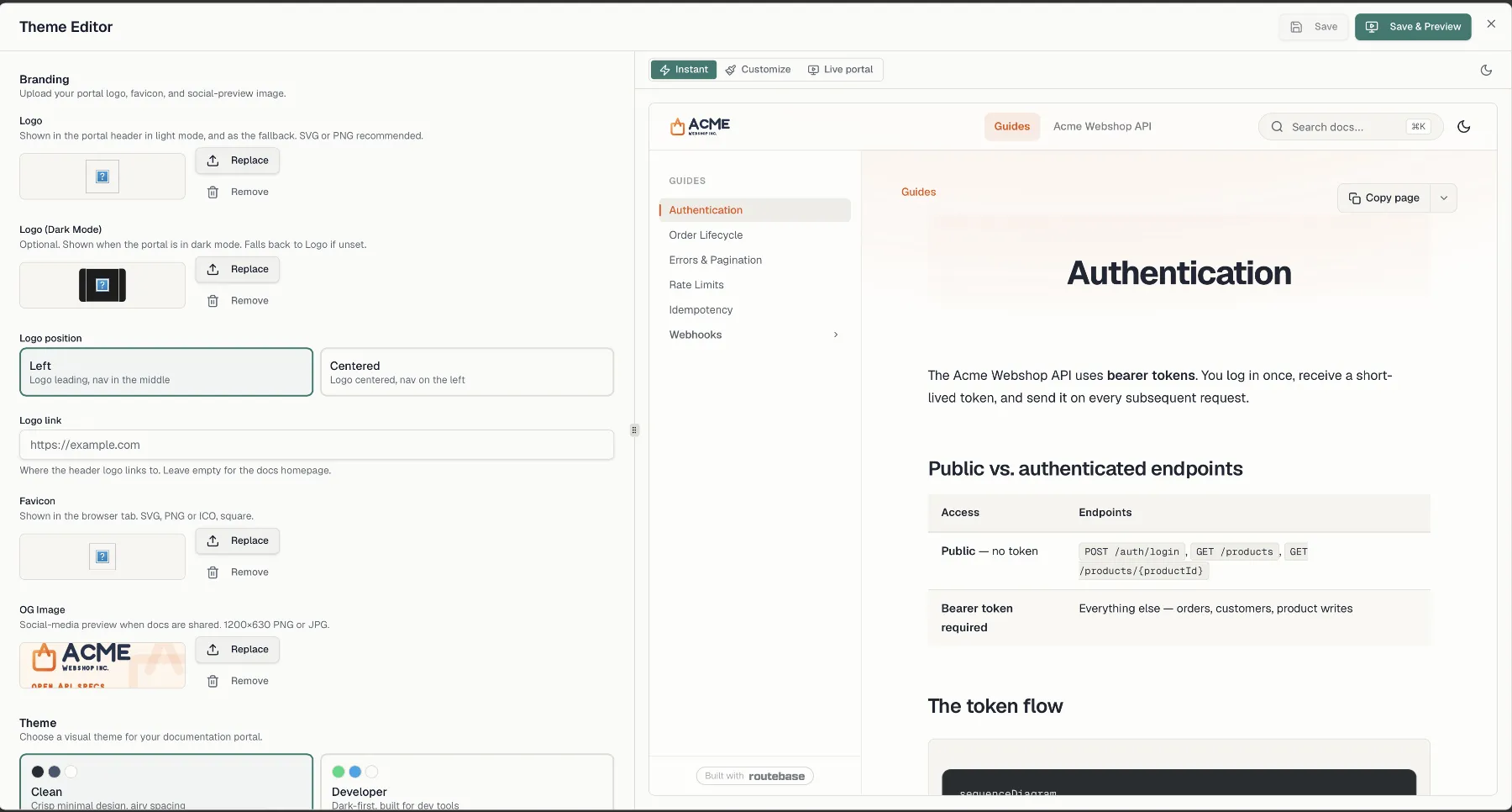 The theme editor with settings on the left and the live preview on the right
