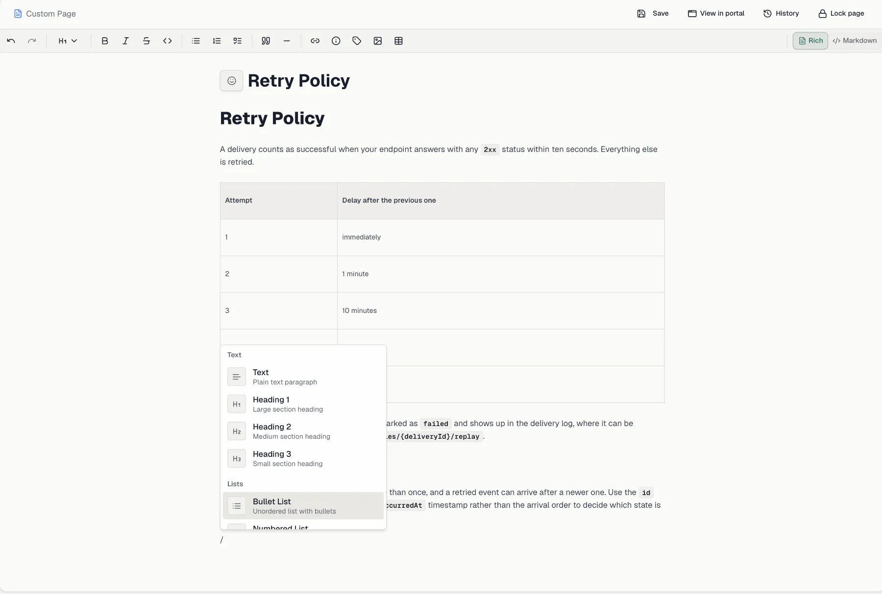A documentation page open in the editor with the slash command menu visible