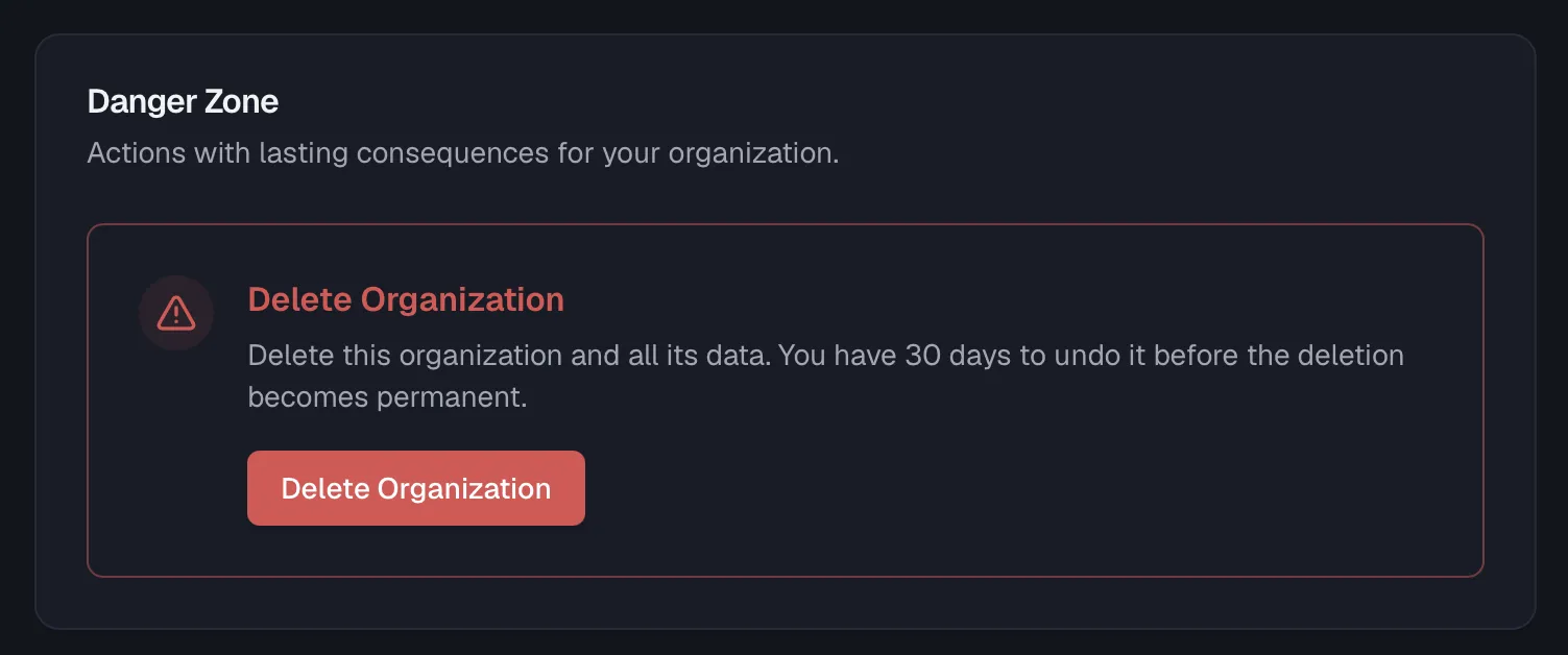 The danger zone with the Delete Organization action and its 30-day note