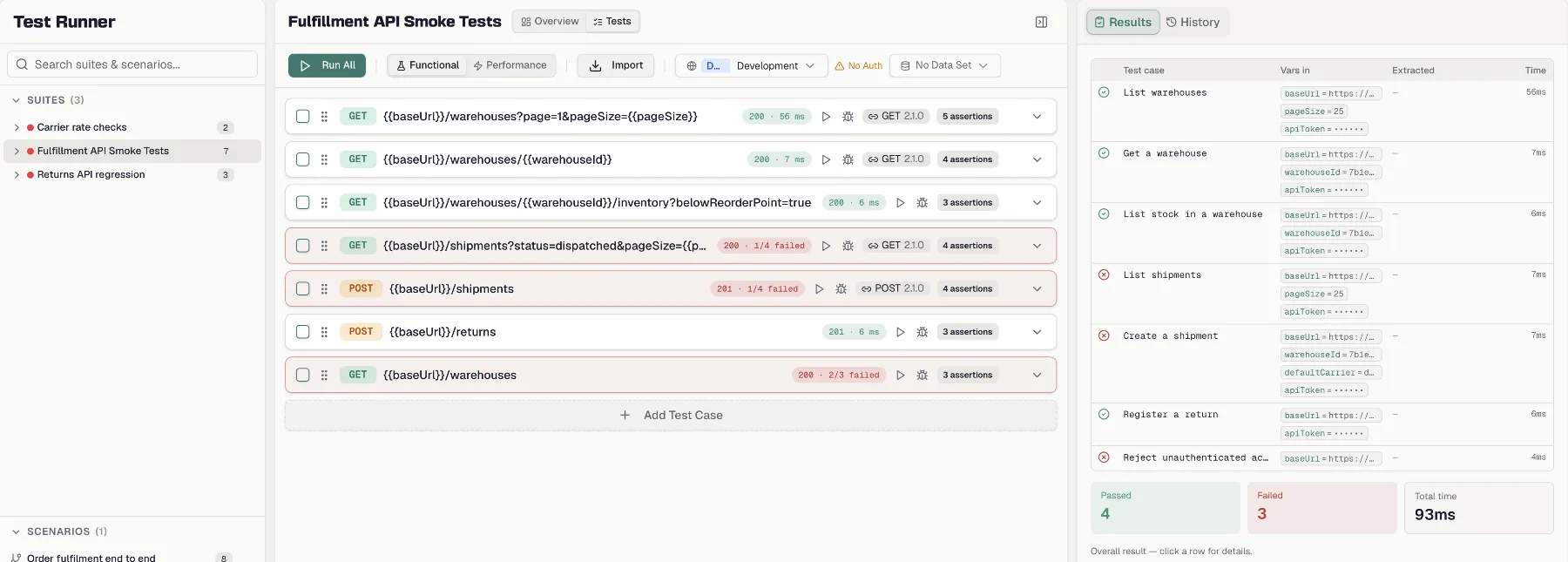 The Test Runner page with suite tree, test case list and results panel