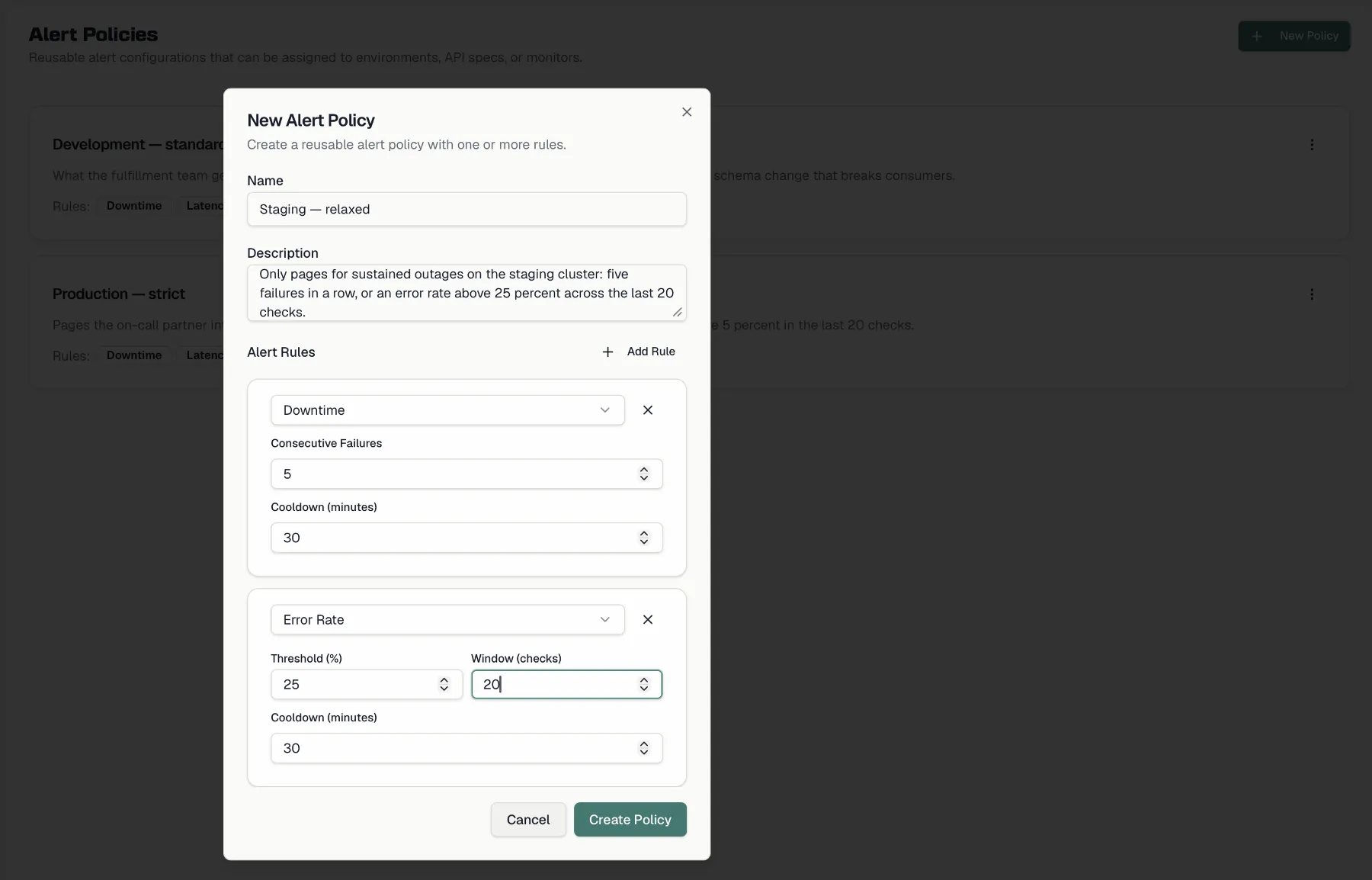 The Alert Policies page with a policy dialog open