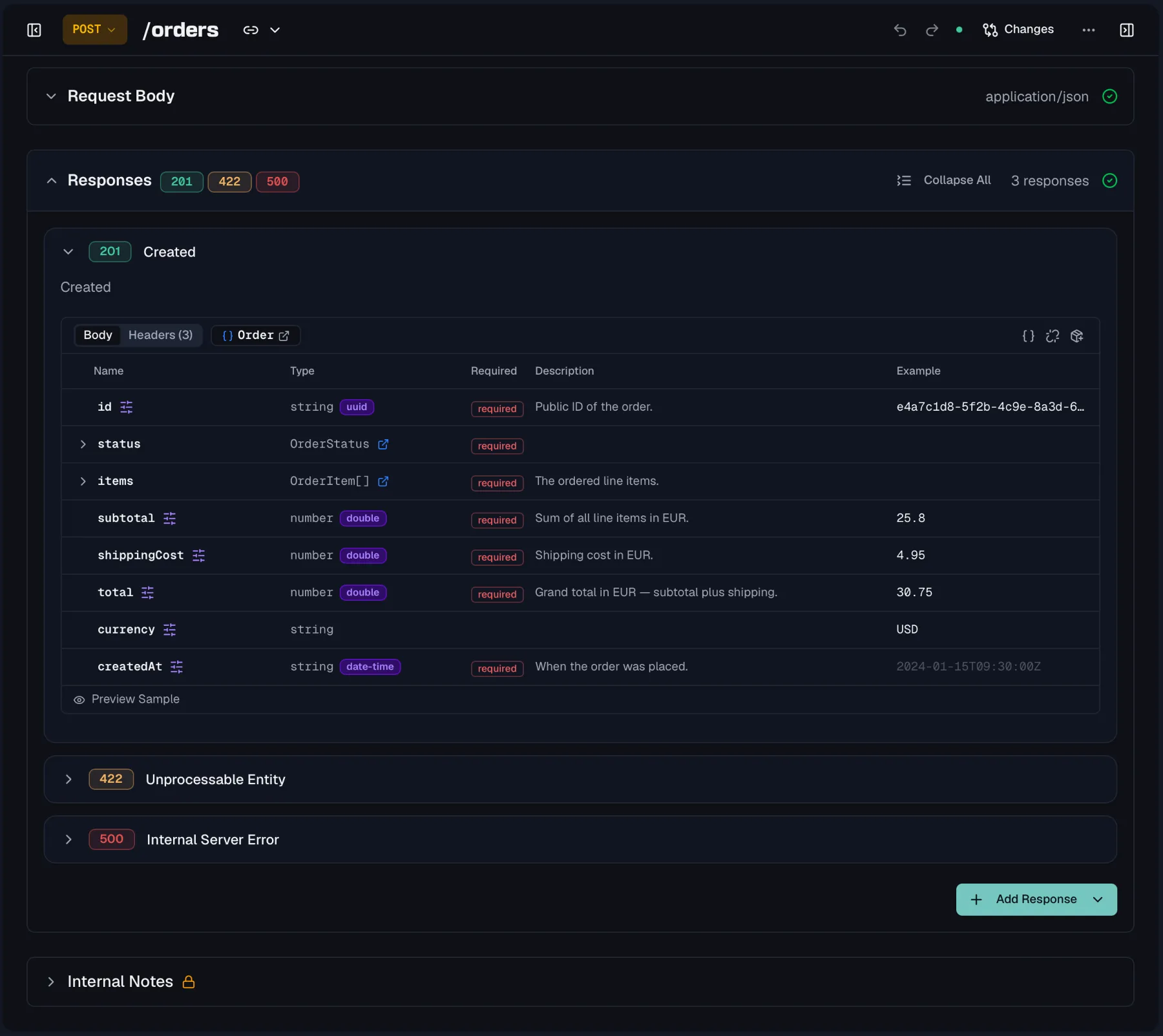 Responses listed by status code