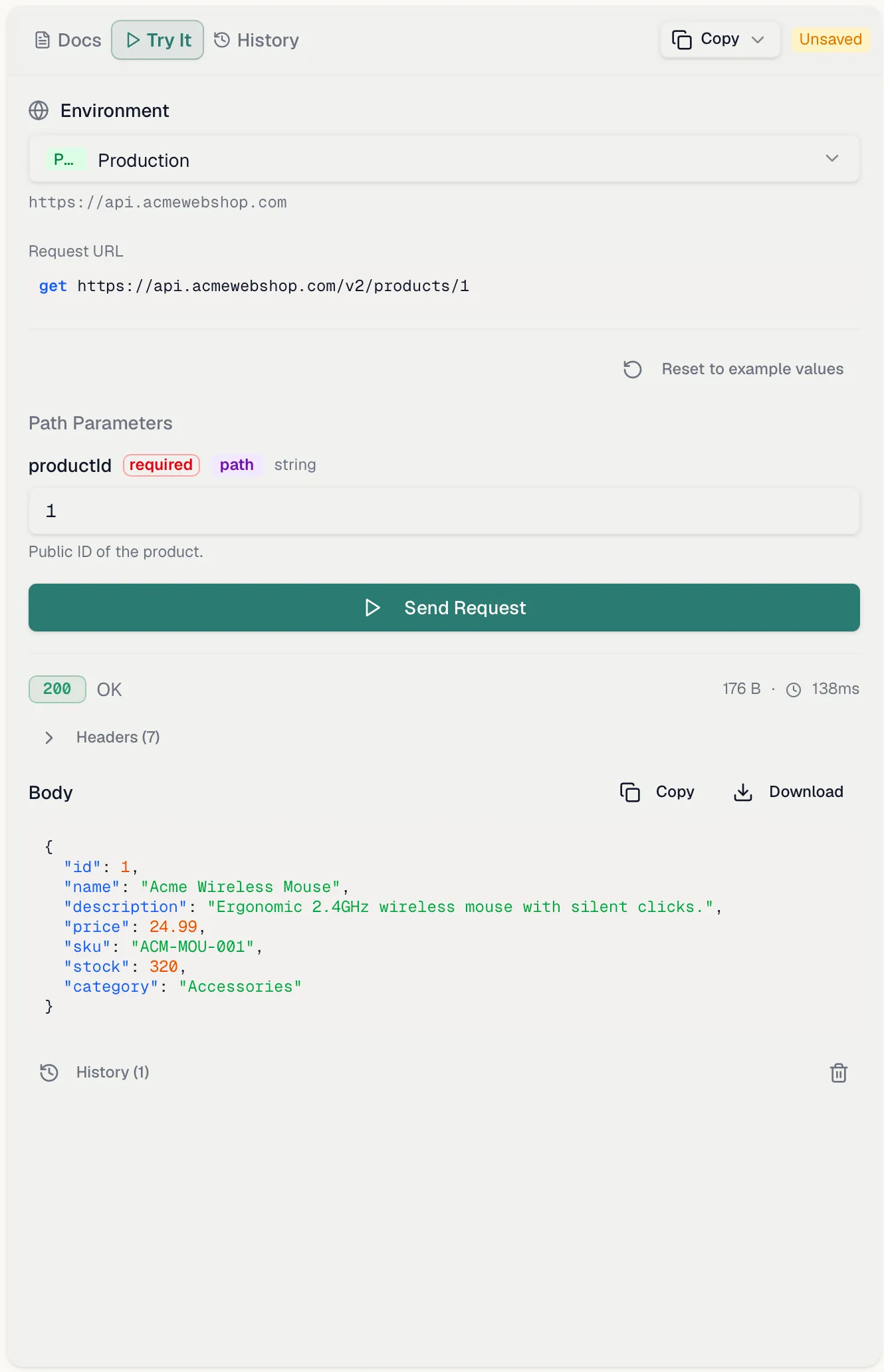 The Try It tab with an environment selected, the resolved request URL and the response