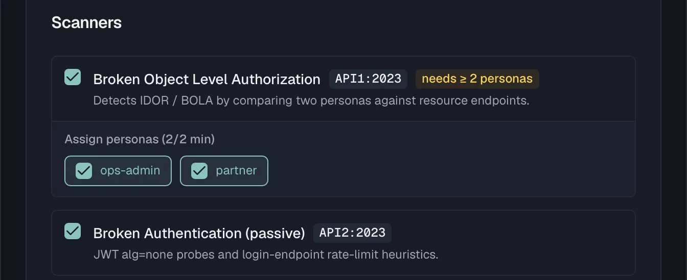 An enabled authorization scanner with its persona picker expanded and the assignment counter at 2 of 2