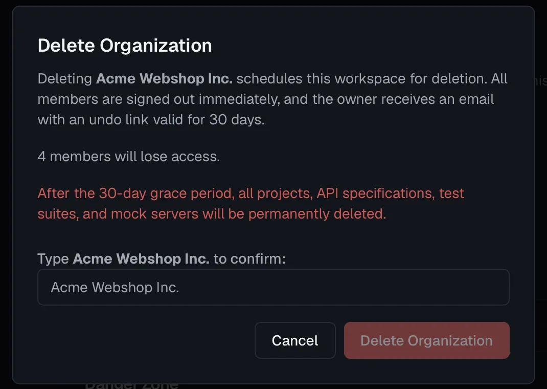 The Delete Organization dialog with the 30-day restore note, the member count and the empty name field