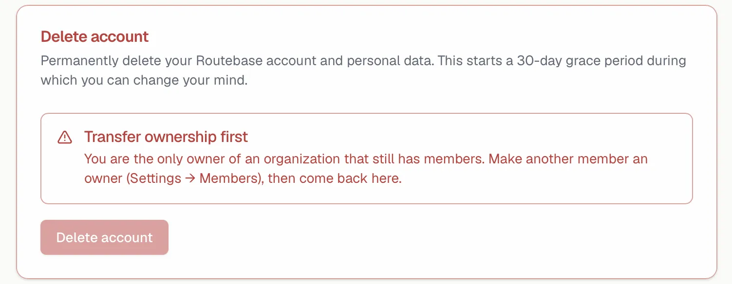 The Delete account card blocked by the notice to transfer ownership first