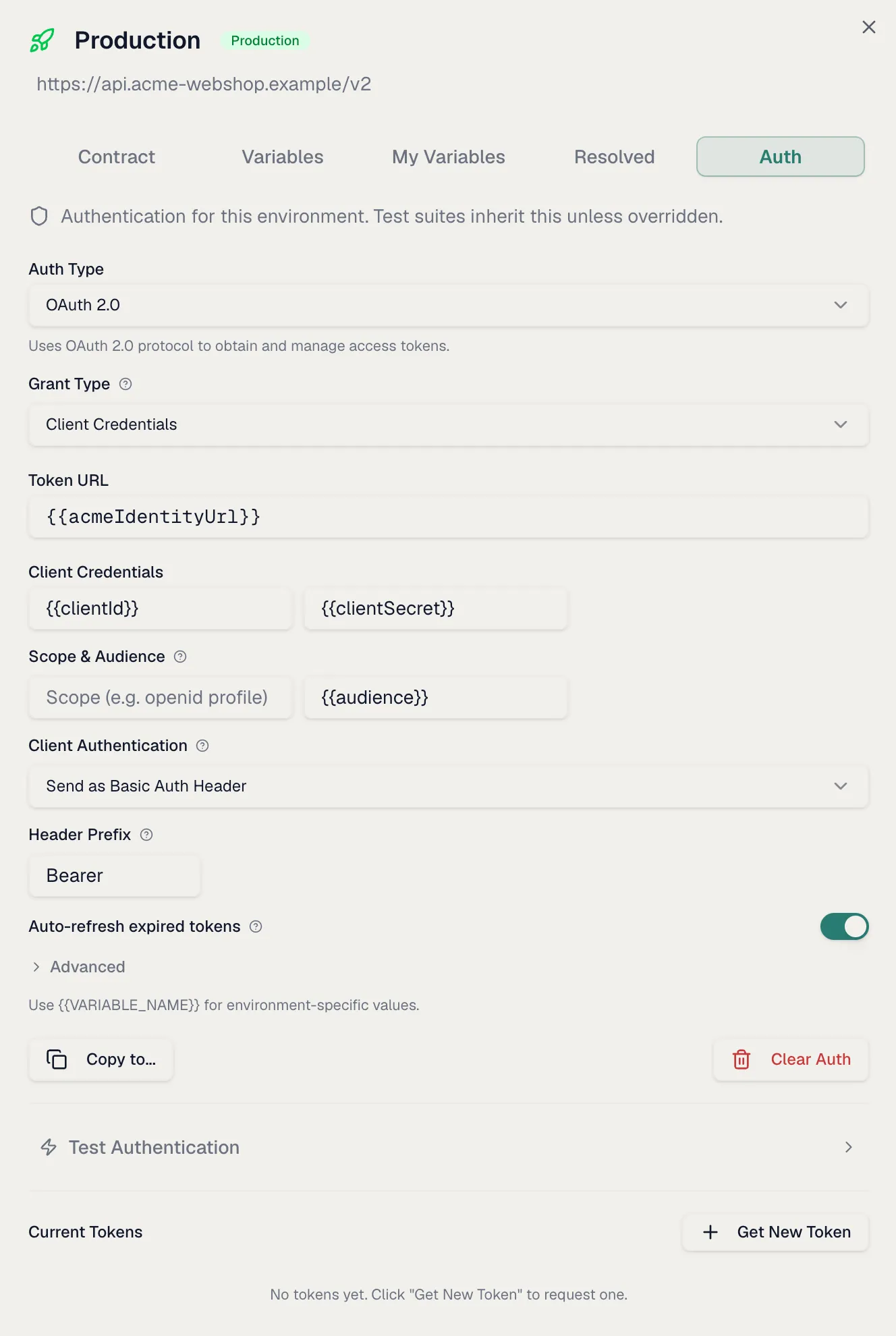 The Auth tab of an environment with an OAuth 2.0 configuration