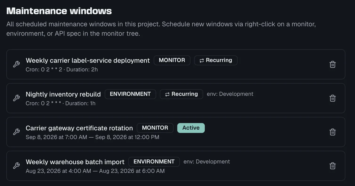 The maintenance windows list with each window's period and status