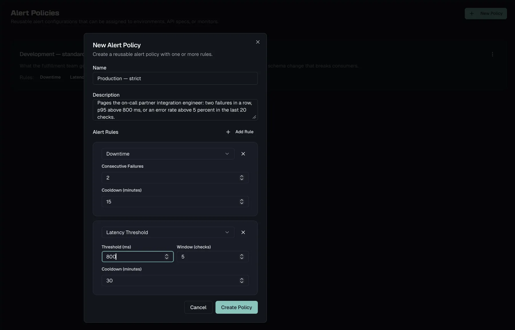 The Alert Policies page with a policy dialog open