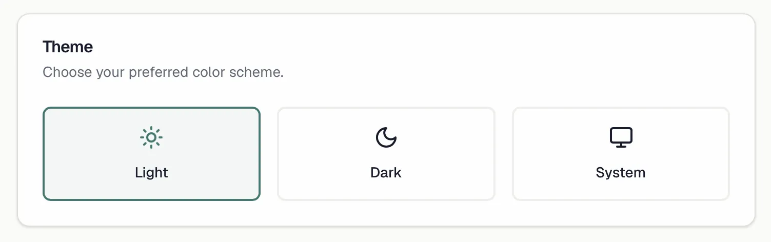 The Preferences page with the three theme options