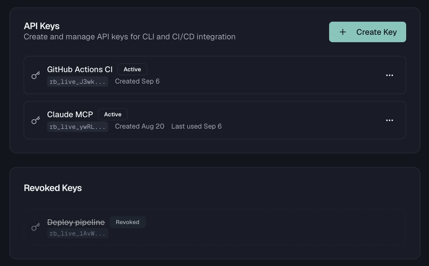 The API Keys list with active and revoked keys