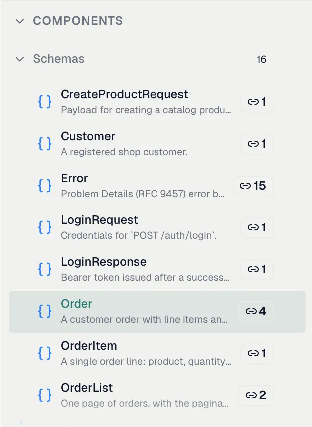 The schema list with usage counts