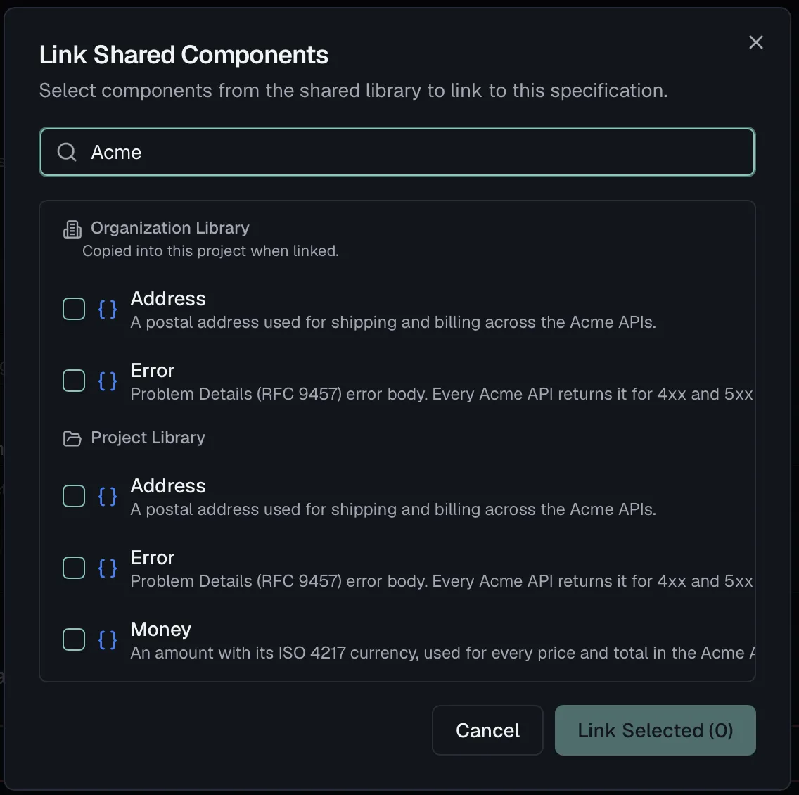 The Link Shared Components dialog with organization and project library groups