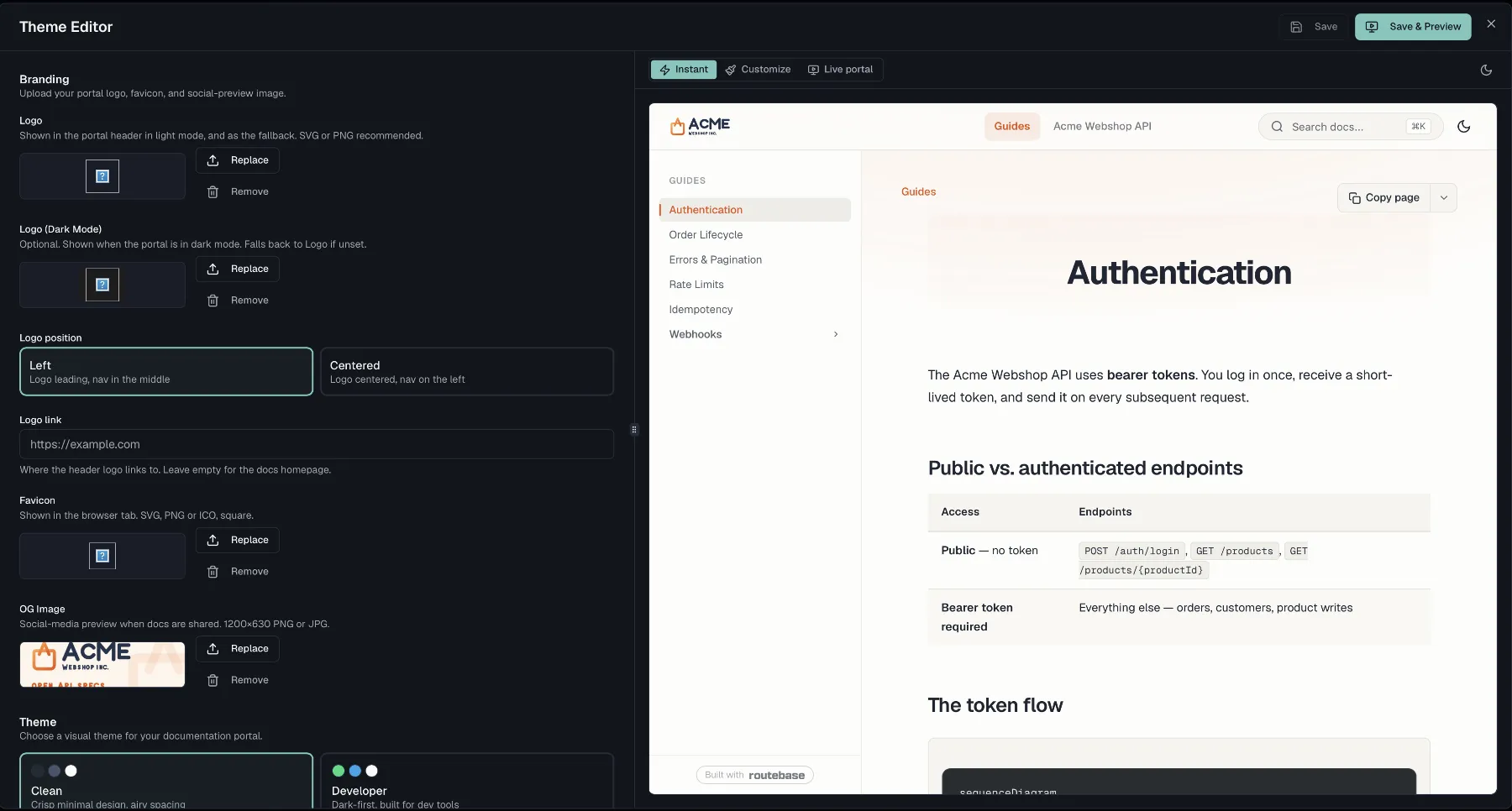 The theme editor with settings on the left and the live preview on the right