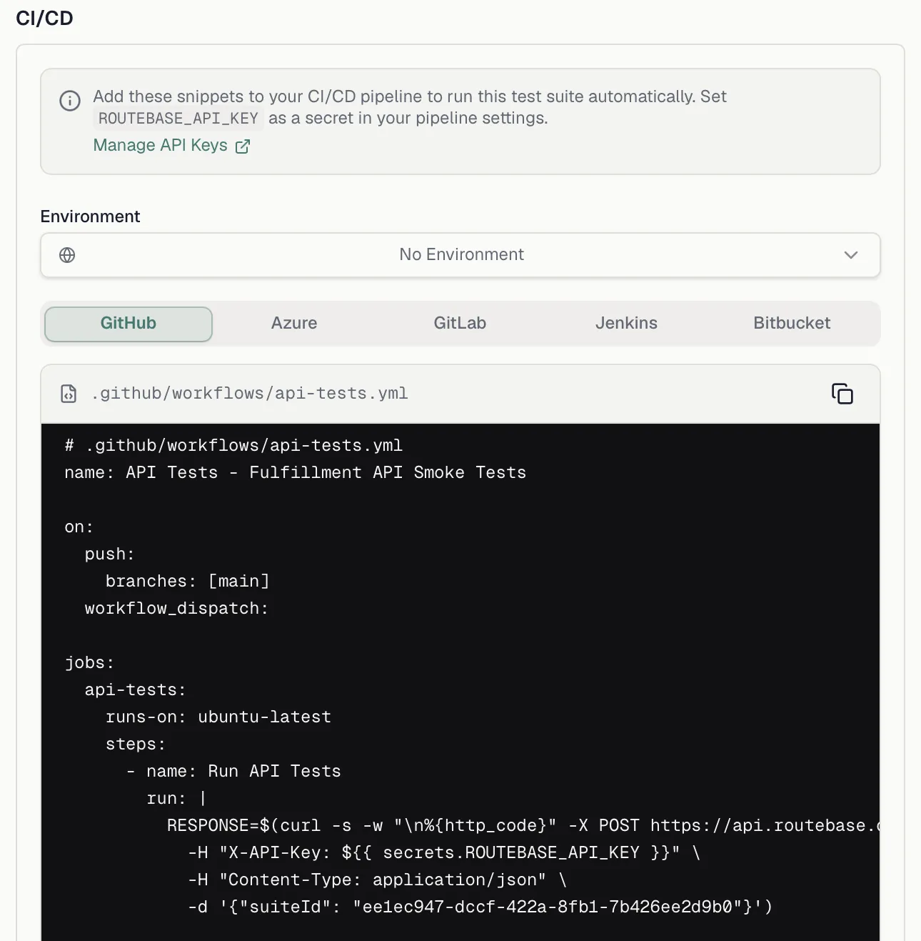 The GitHub Actions tab of the CI/CD section with the target filename and the X-API-Key line