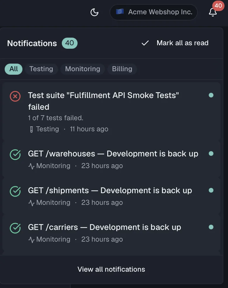 The notification bell dropdown with unread notifications and category filter chips