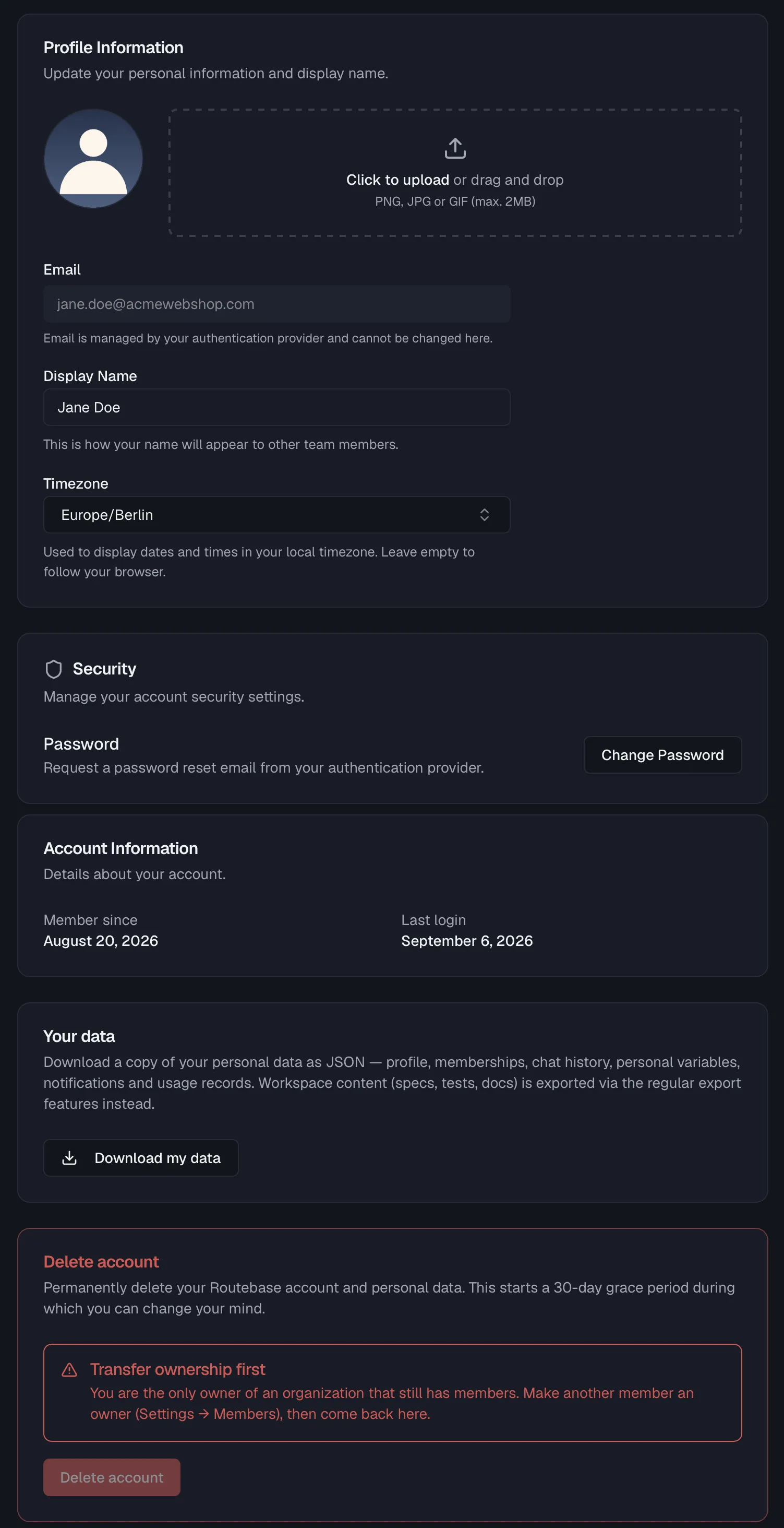 The Profile settings page with avatar, display name and timezone, followed by the Your data and Delete account cards