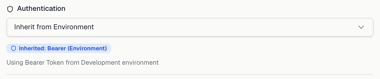 A test suite's Authentication setting showing the Inherit from Environment mode with inheritance badge