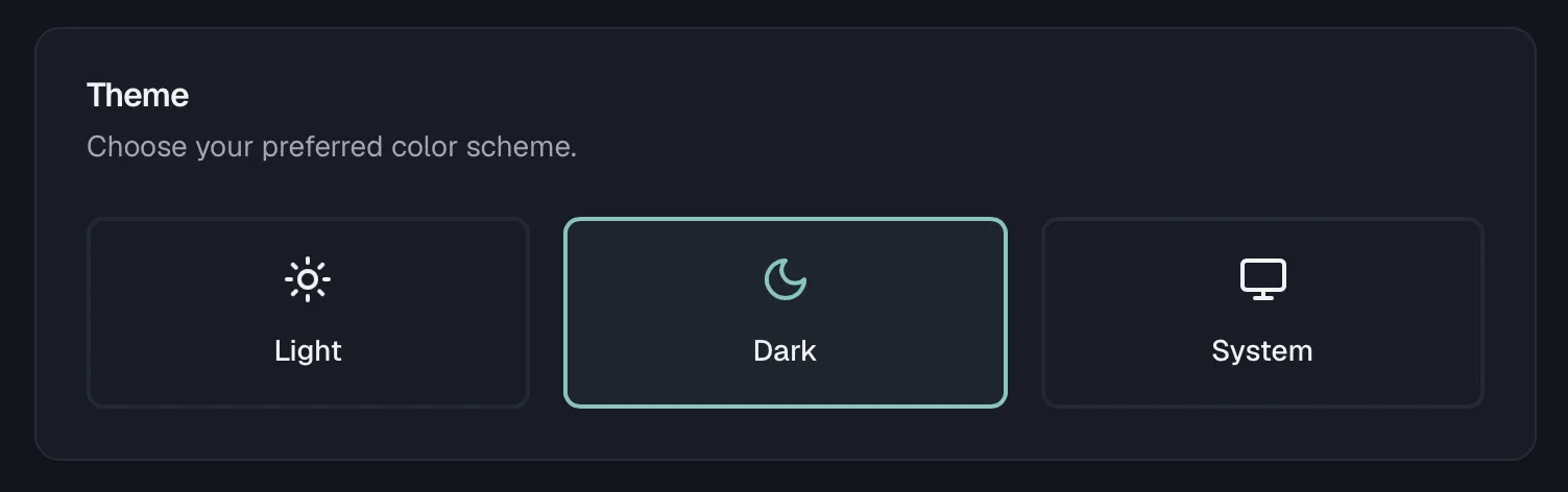 The Preferences page with the three theme options