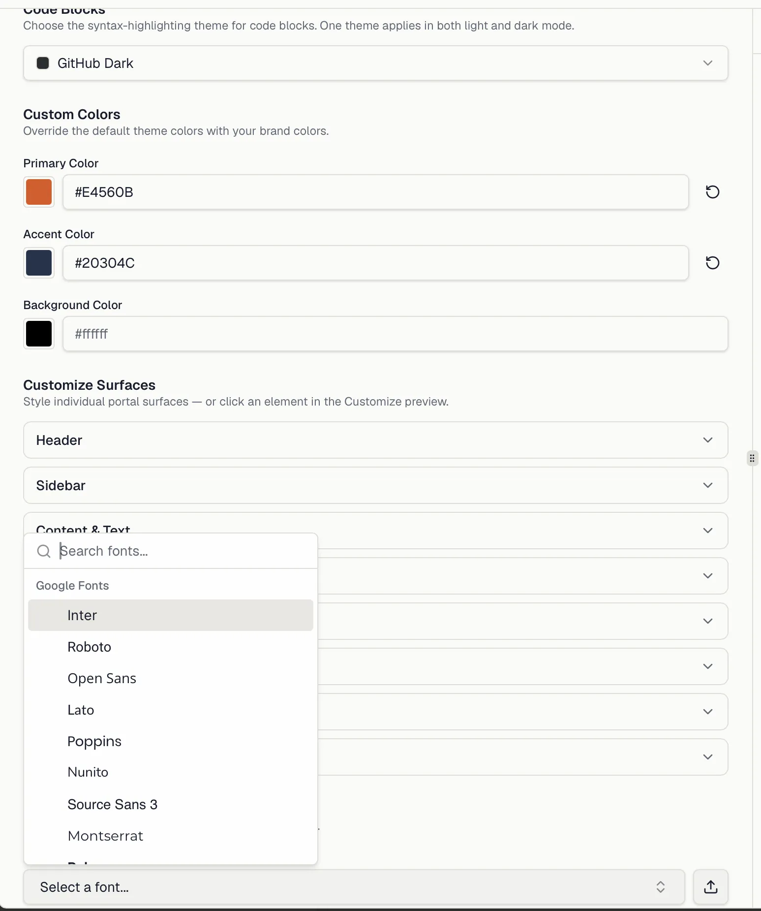 Custom colors and Customize Surfaces with the font picker open