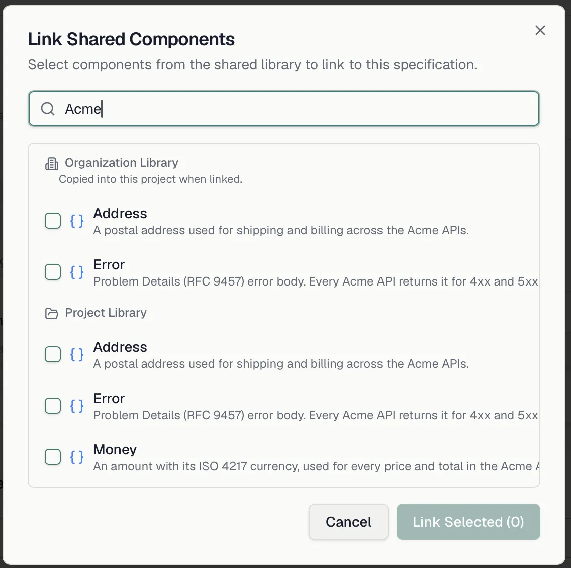 The Link Shared Components dialog with organization and project library groups