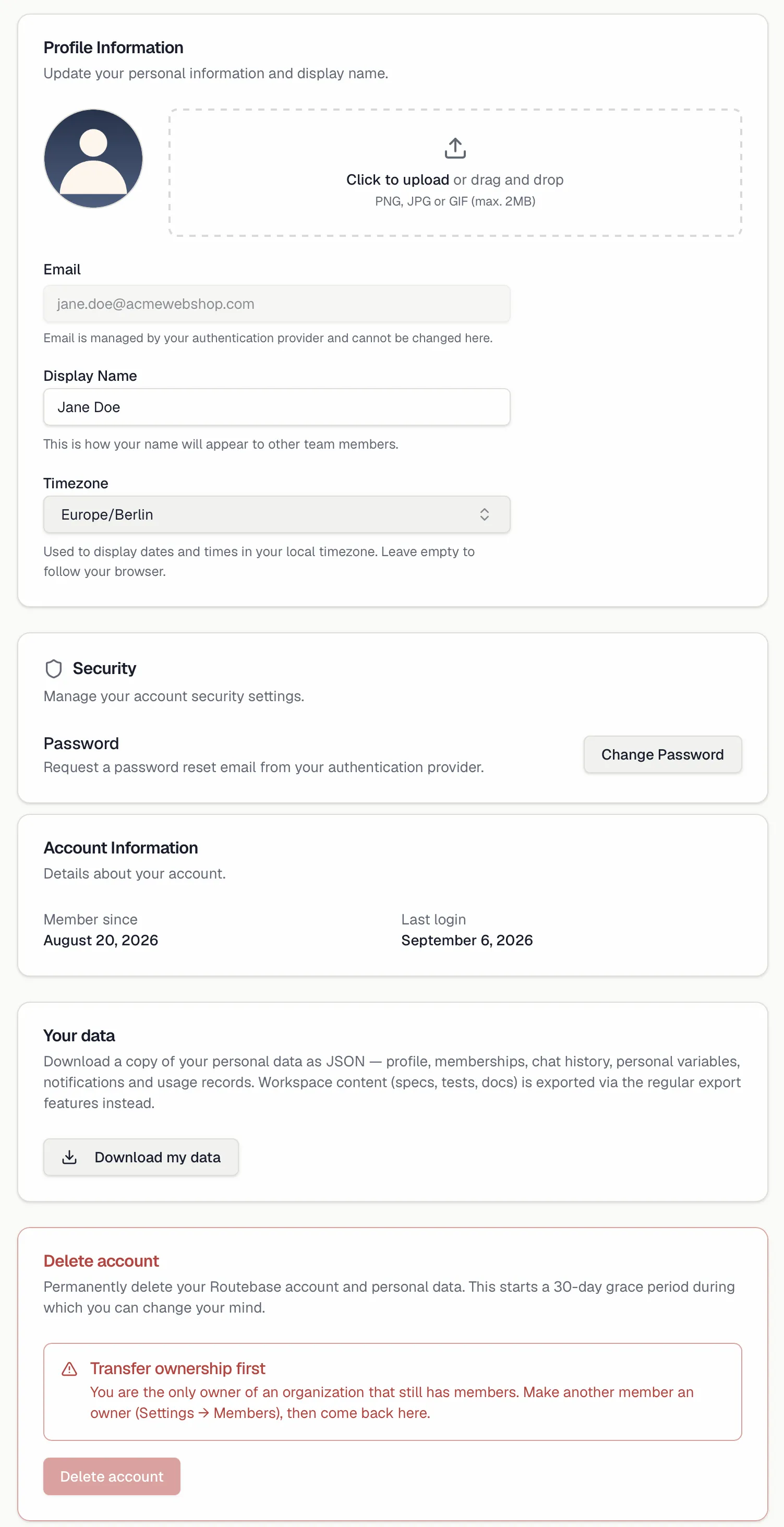 The Profile settings page with avatar, display name and timezone, followed by the Your data and Delete account cards