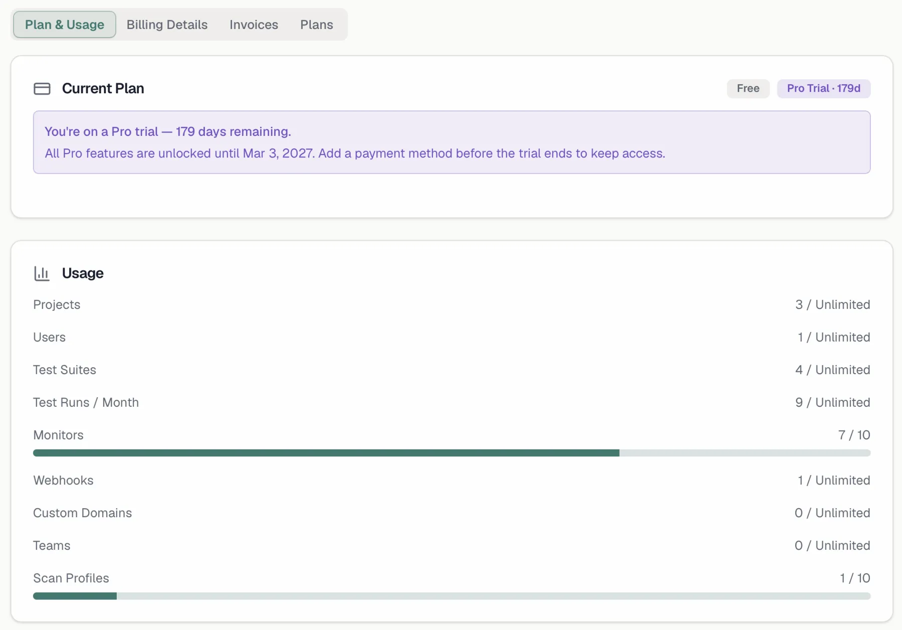 The Usage panel with progress bars approaching and reaching limits