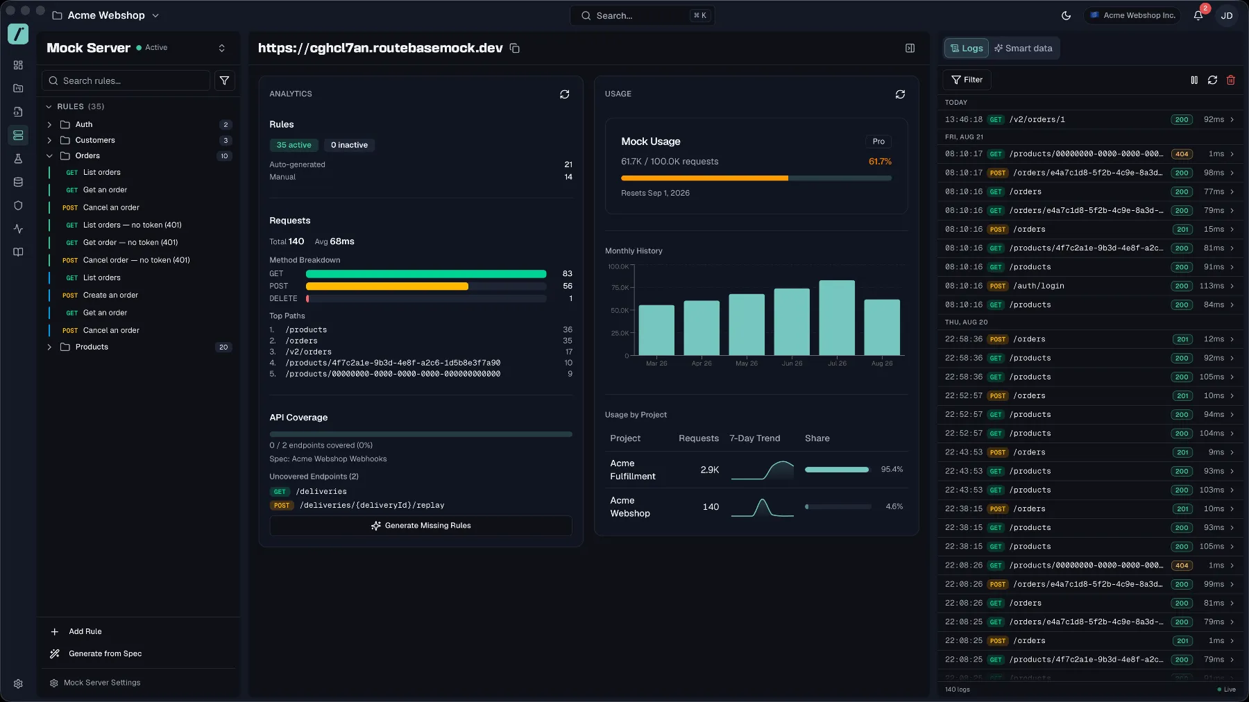 The mock server workspace with the rule tree, rule editor, and logs panel