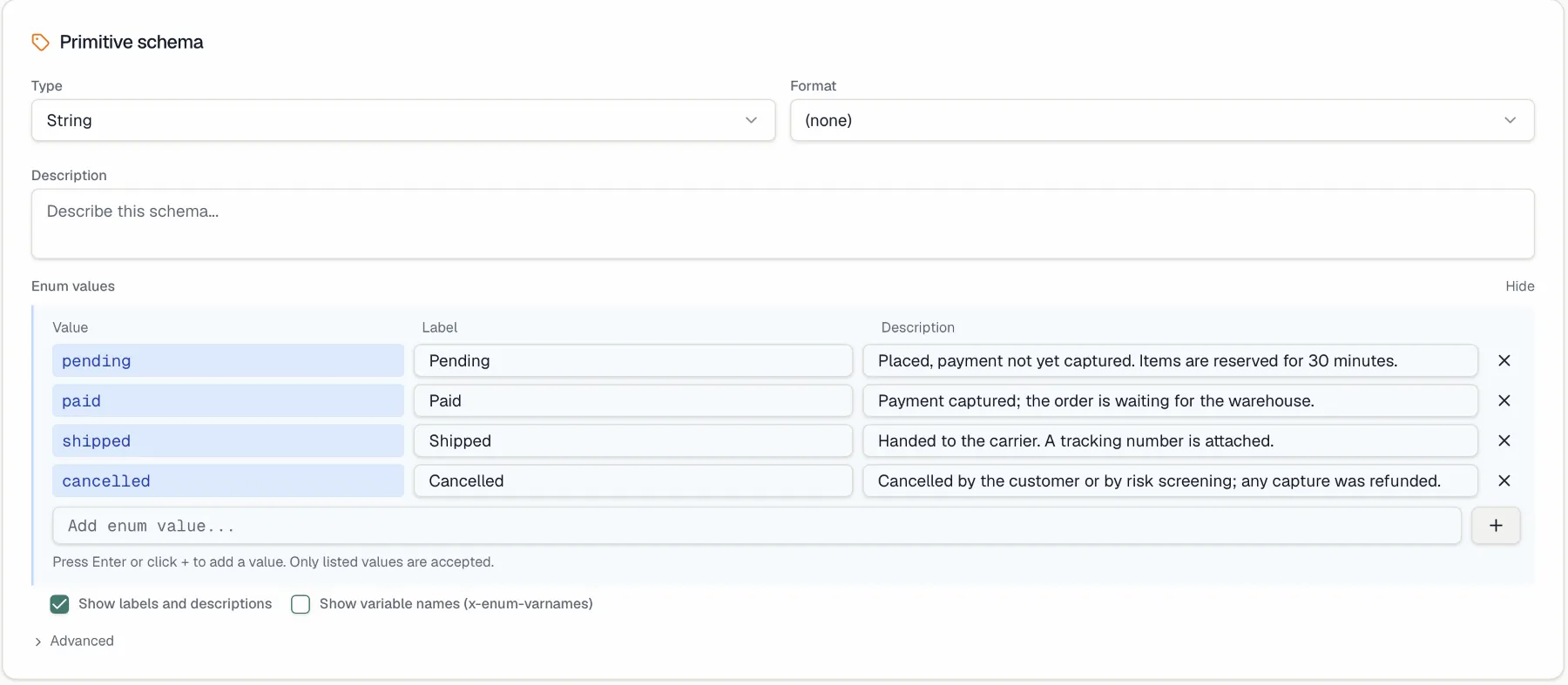 An enum schema with a display label and a description on every value