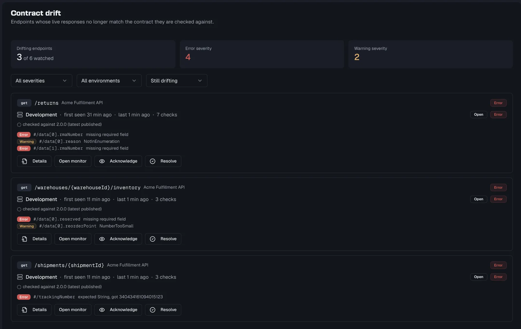 The Contract Drift page with the three metrics, the filters and two endpoint groups expanded